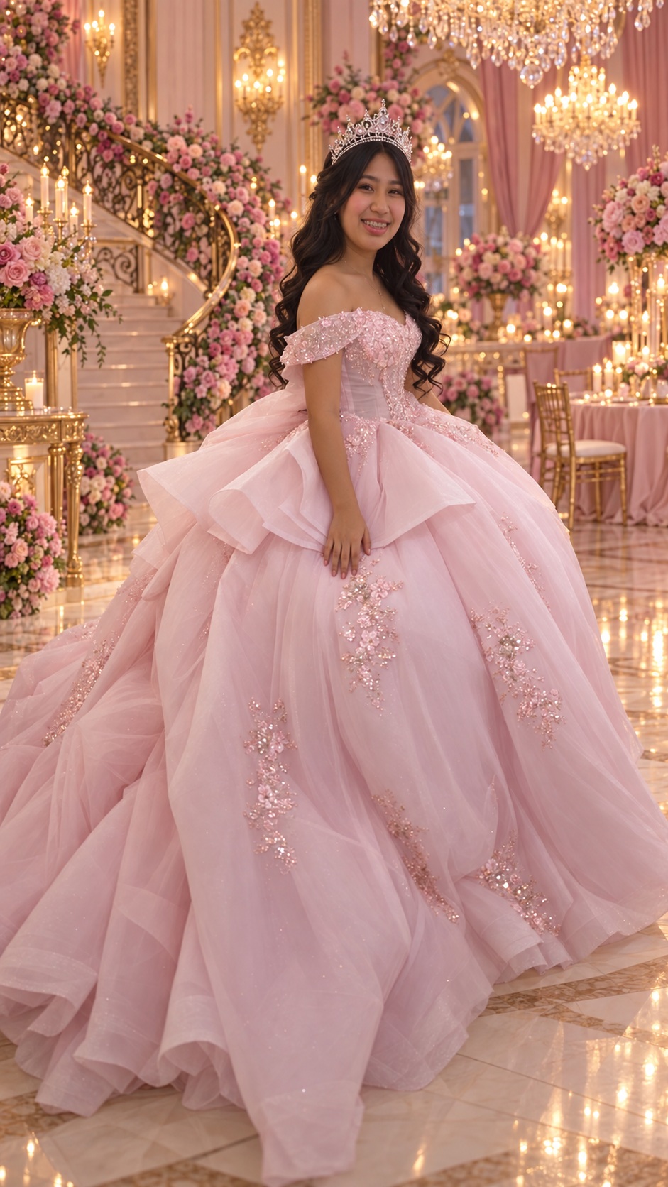 Yamilet in her pink gown in an understated banquet hall